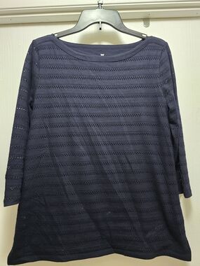 Talbots Navy Eyelet Stripe Knit Top - Long Sleeve